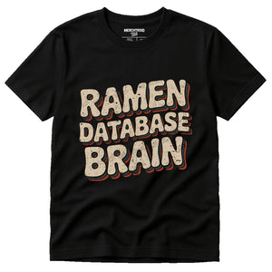 Black Tokyo Japan T Shirt - "Ramen Database Brain" graphic tee with tan print, flat lay product photo