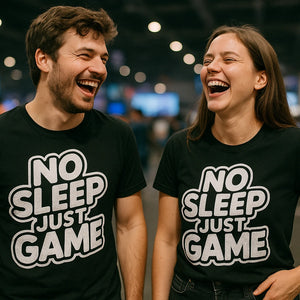 Person wearing the black ai esport t shirt graphic tee - "No Sleep Just Game" design