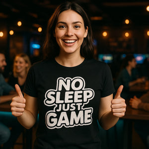 Lifestyle shot of the "No Sleep Just Game" black ai esport t shirt in a real-world setting
