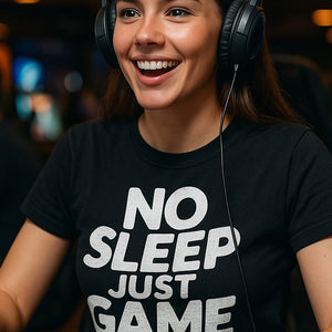 "No Sleep Just Game" black ai esport t shirt, photographed as esport lover gift