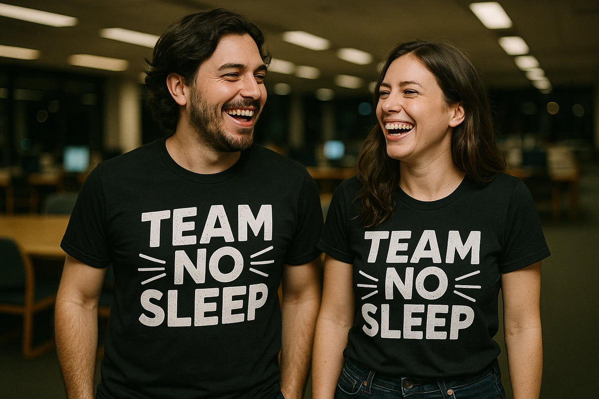 Person wearing the black sleep deprived shirts graphic tee - "Team No Sleep" design