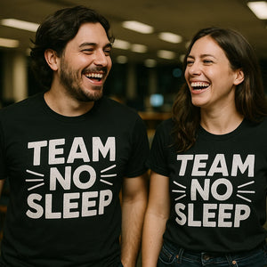 Person wearing the black sleep deprived shirts graphic tee - "Team No Sleep" design