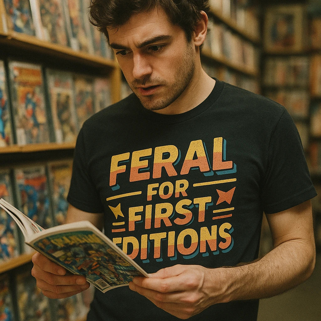 "Feral for First Editions" black bookish shirts - also a book club gift ideas