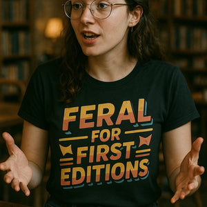"Feral for First Editions" black bookish shirts - also one of the best presents for book lovers