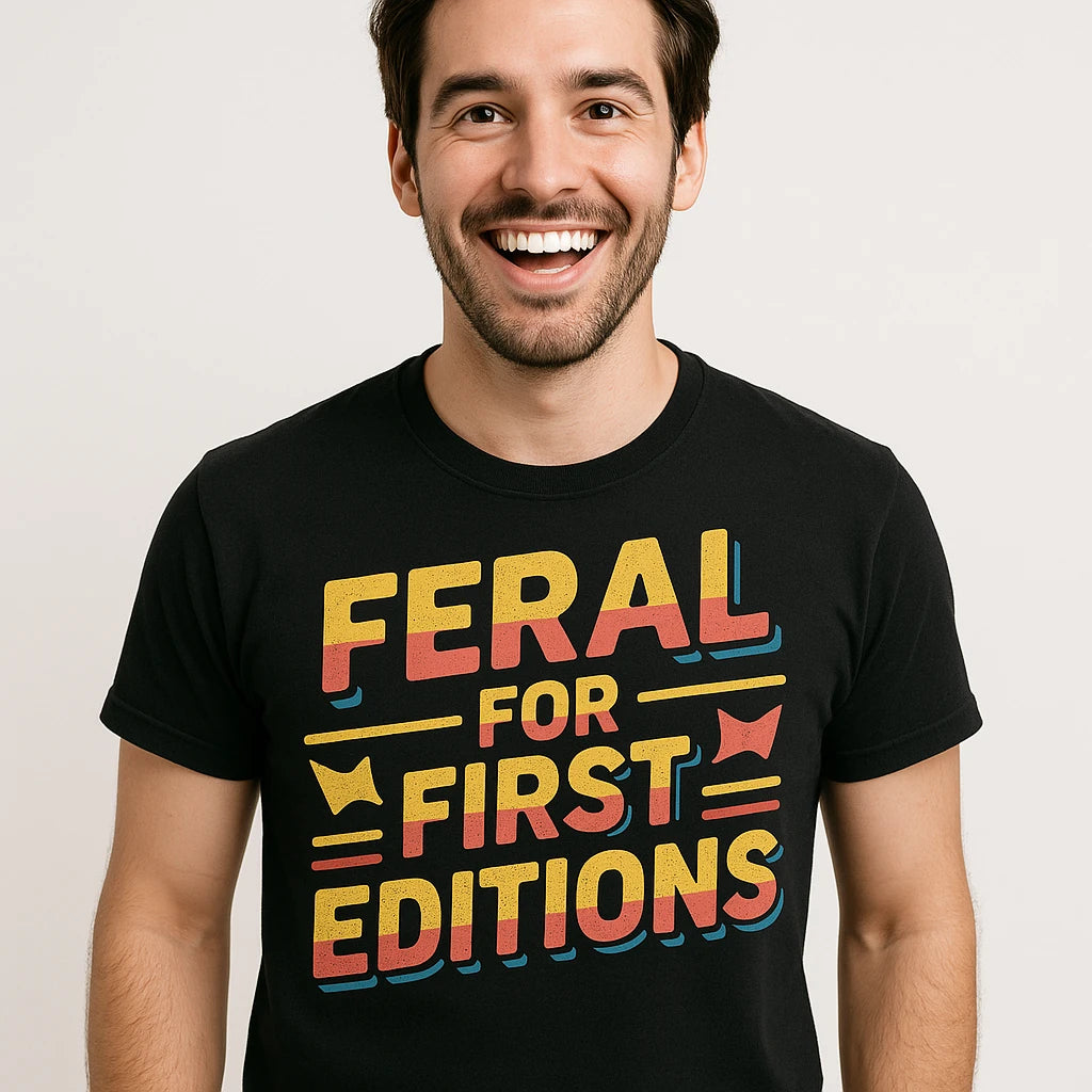 Close-up of the "Feral for First Editions" gray print on a premium Bella+Canvas black bookish shirts