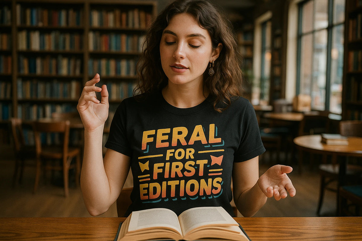 Lifestyle shot of the "Feral for First Editions" black bookish shirts in a real-world setting