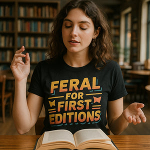 Lifestyle shot of the "Feral for First Editions" black bookish shirts in a real-world setting