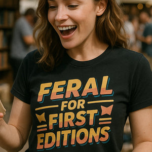 "Feral for First Editions" black bookish shirts - also a bookish gift ideas
