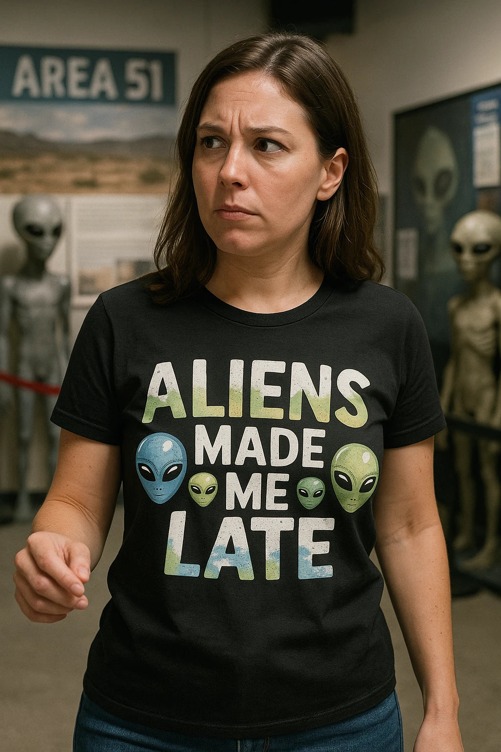 "Aliens Made Me Late" black alien t shirt, photographed as gifts for alien lovers