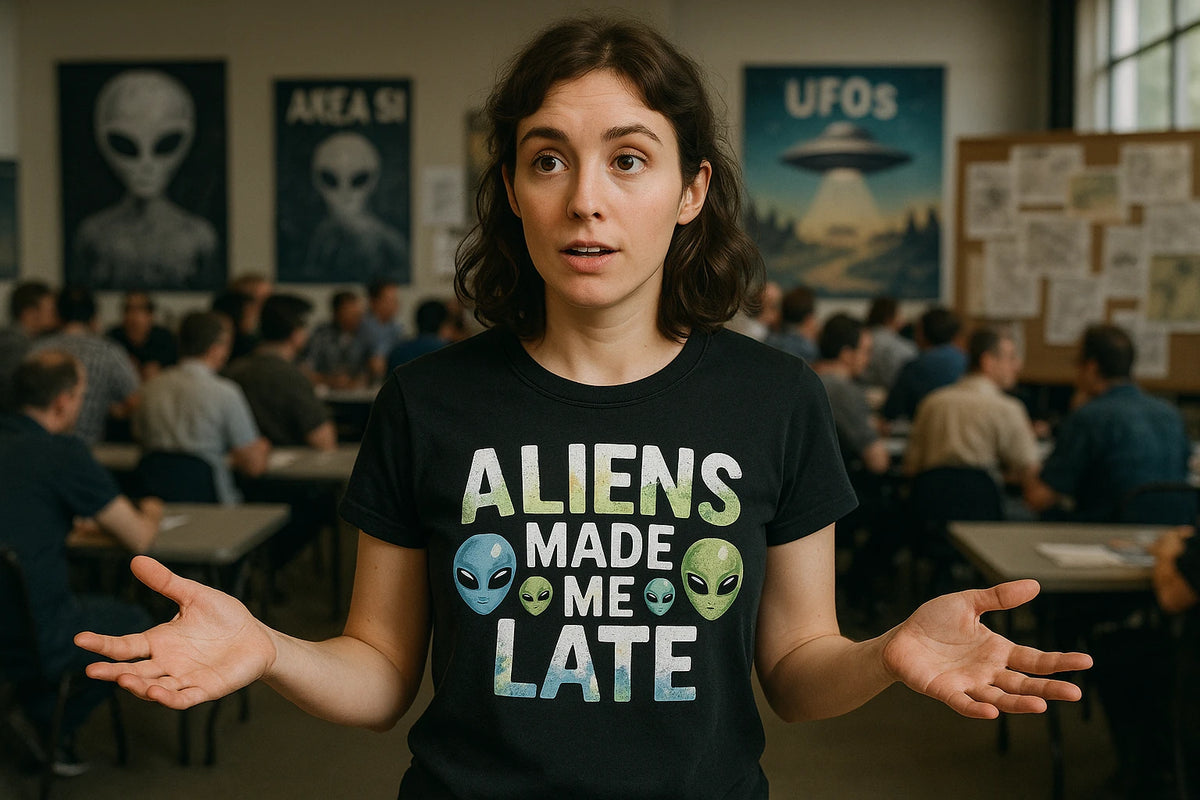 Lifestyle shot of the "Aliens Made Me Late" black alien t shirt in a real-world setting