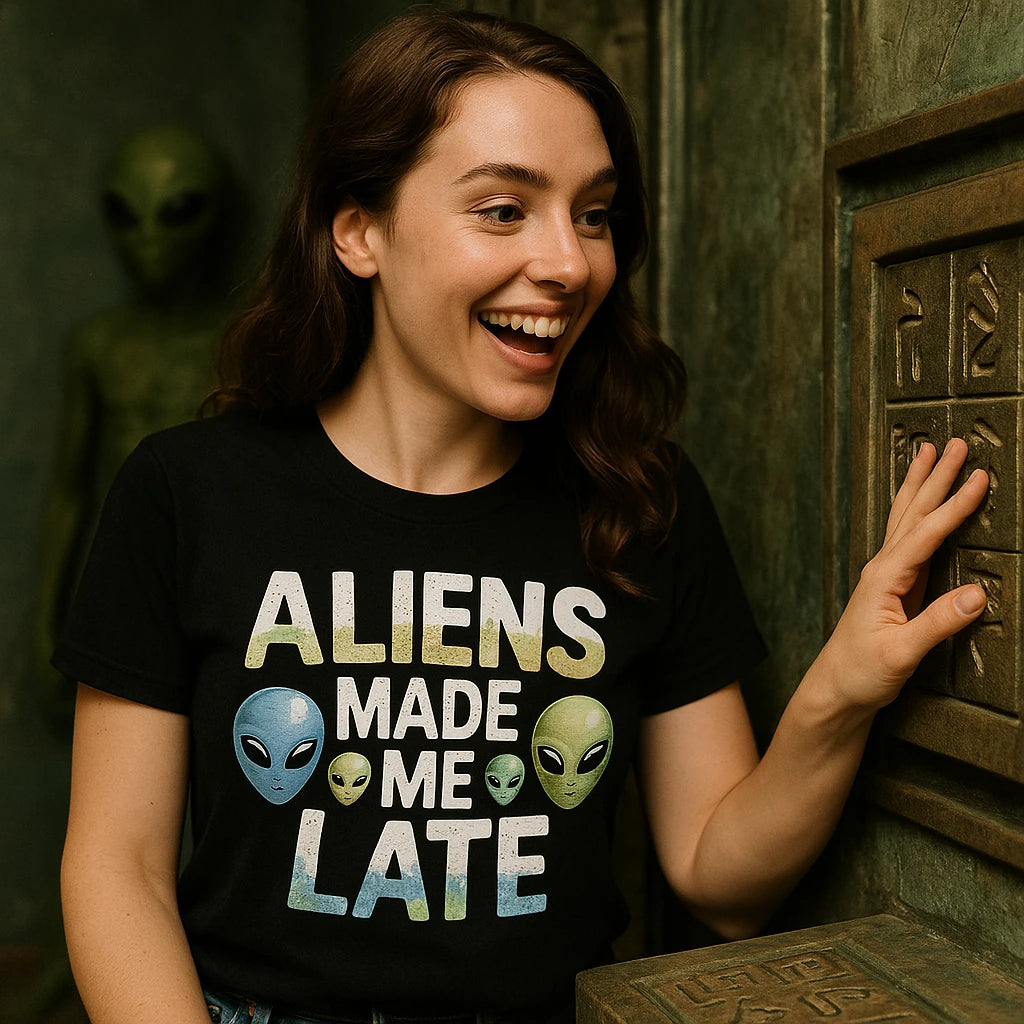 "Aliens Made Me Late" alien t shirt - product photo 9