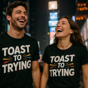 Person wearing the black new years eve shirts graphic tee - "Toast To Trying" design