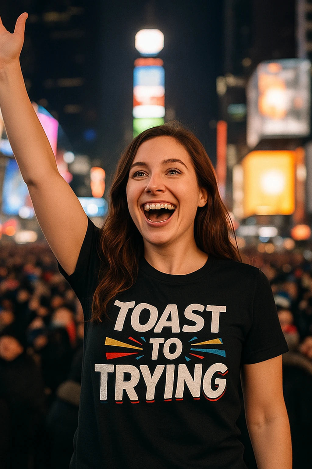 A person with long brown hair is smiling widely and raising one hand in a celebratory manner. They are wearing a black T-shirt with colorful text that reads "TOAST TO TRYING" and are standing in a crowded, well-lit urban area at night, likely a bustling city center.