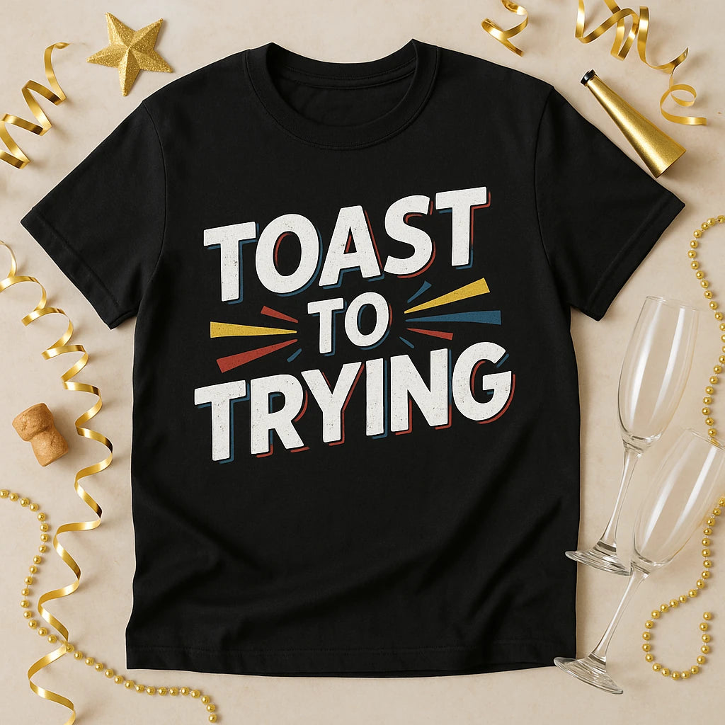 A black T-shirt with the text "TOAST TO TRYING" printed in bold, colorful letters. The shirt is laid flat on a beige surface surrounded by celebratory items such as gold star and ribbon decorations, champagne glasses, a cork, and a noise maker.