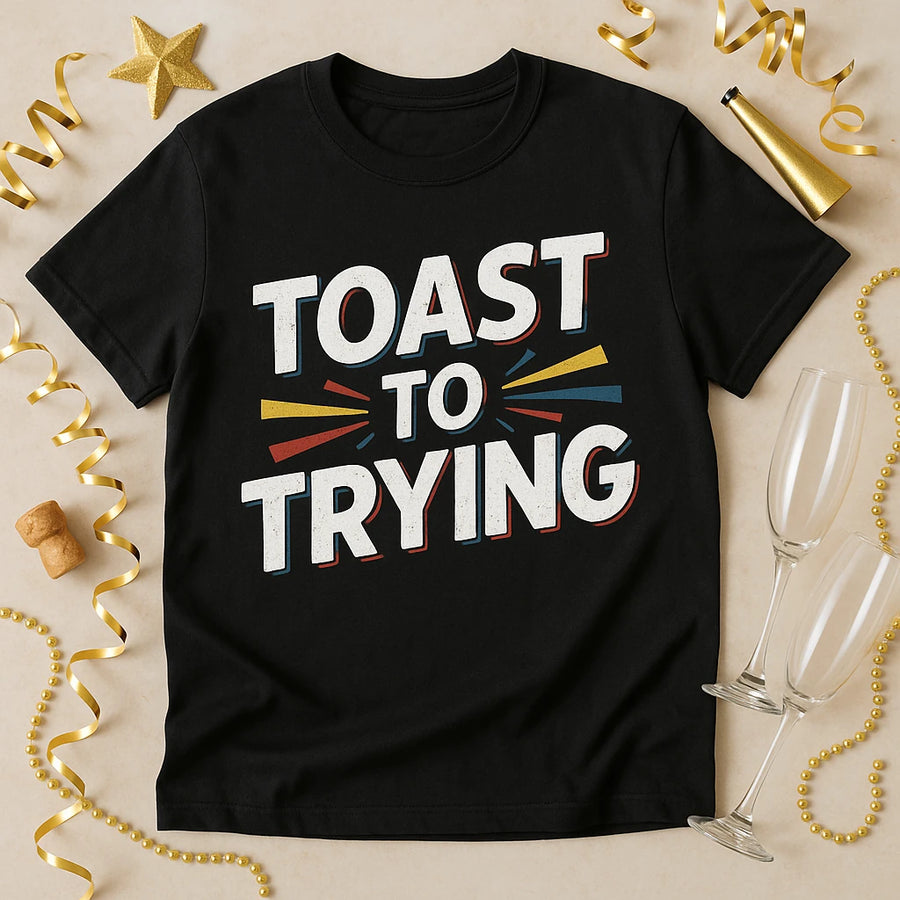 A black T-shirt with the text "TOAST TO TRYING" printed in bold, colorful letters. The shirt is laid flat on a beige surface surrounded by celebratory items such as gold star and ribbon decorations, champagne glasses, a cork, and a noise maker.