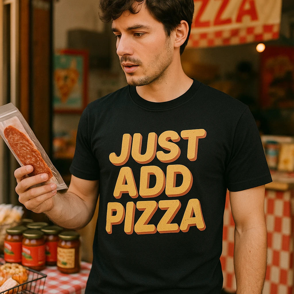 "Just Add Pizza" black pizzaiolo t shirt - also one of the gifts for someone who loves pizza