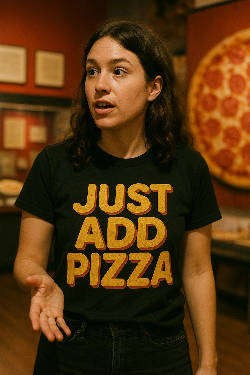 "Just Add Pizza" black pizzaiolo t shirt - also one of the best gifts for pizza lovers