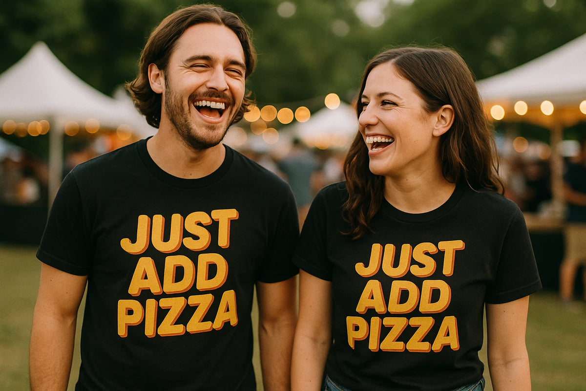 Person wearing the black pizzaiolo t shirt graphic tee - "Just Add Pizza" design