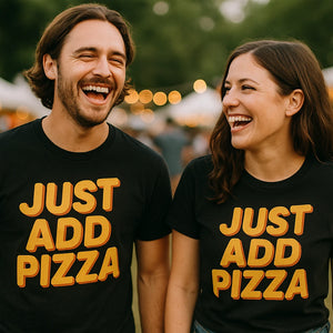 Person wearing the black pizzaiolo t shirt graphic tee - "Just Add Pizza" design