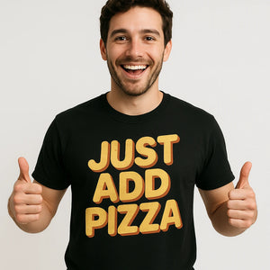 Close-up of the "Just Add Pizza" gold print on a premium Bella+Canvas black pizzaiolo t shirt