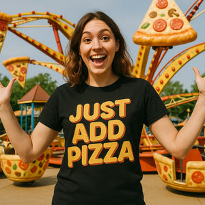 Lifestyle shot of the "Just Add Pizza" black pizzaiolo t shirt in a real-world setting