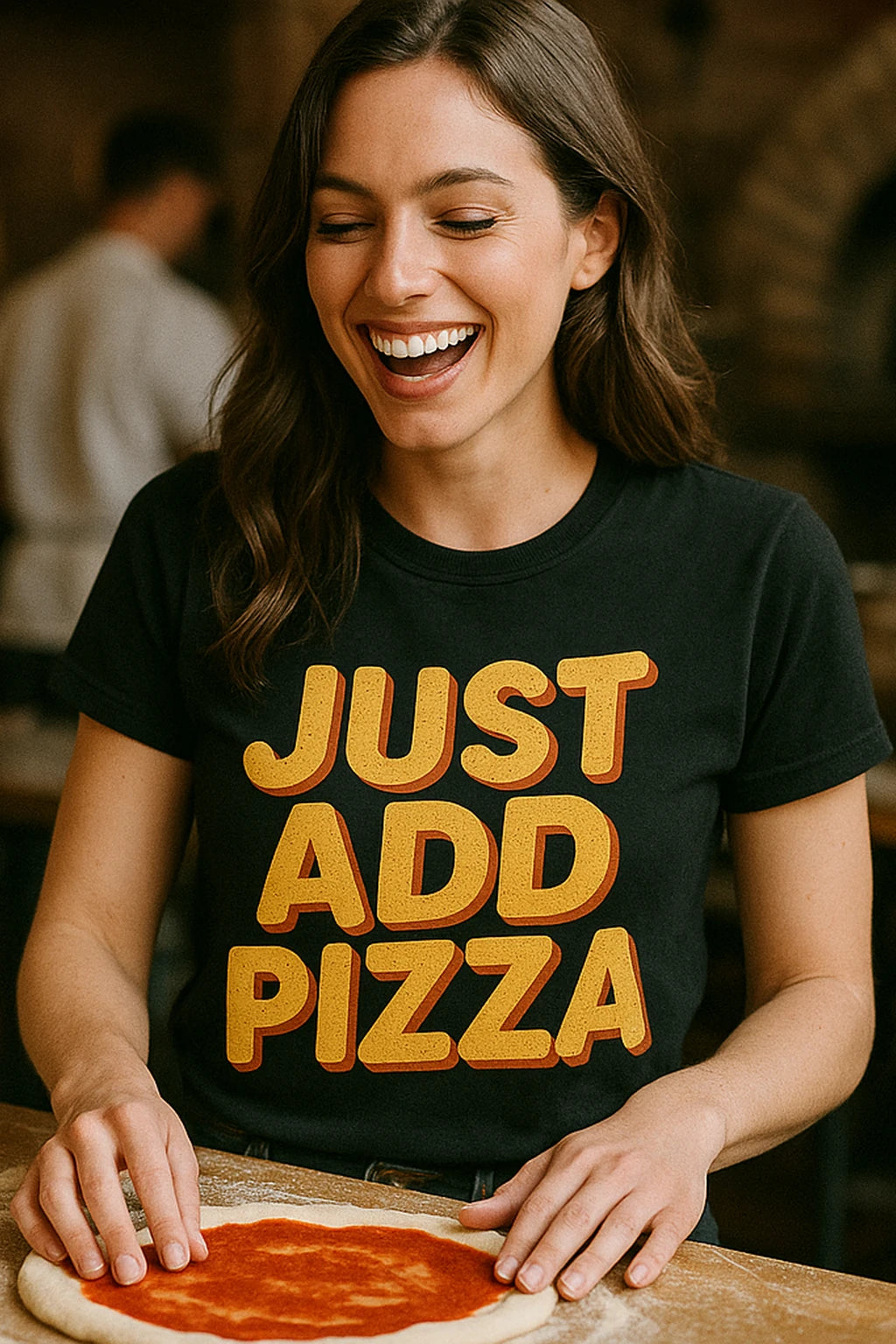 "Just Add Pizza" black pizzaiolo t shirt - also a a lovely cheese pizza just for me shirt