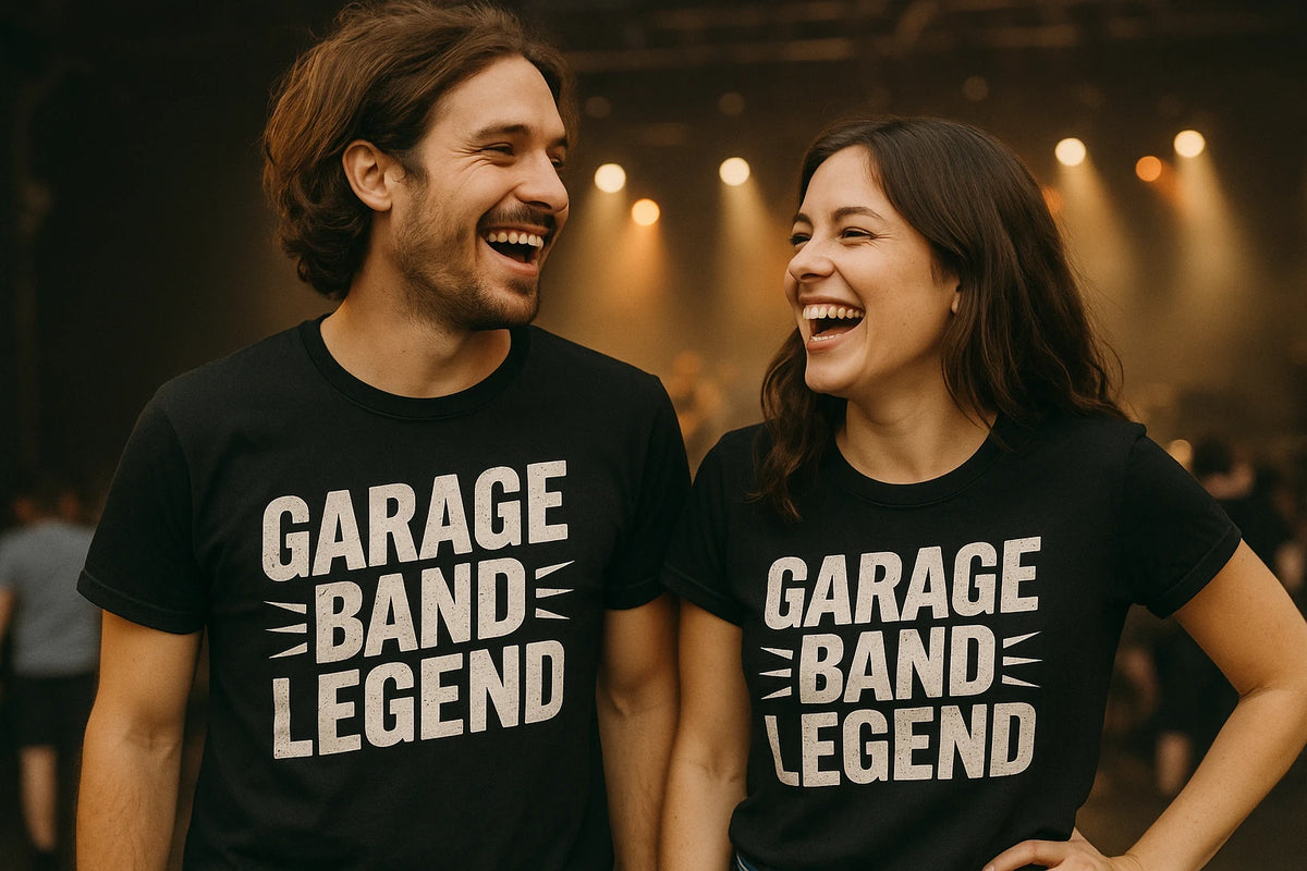 Person wearing the black rock music shirts graphic tee - "Garage Band Legend" design