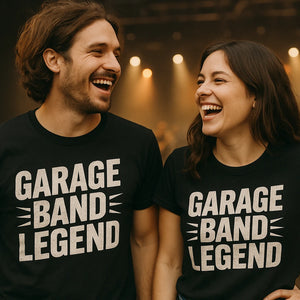 Person wearing the black rock music shirts graphic tee - "Garage Band Legend" design