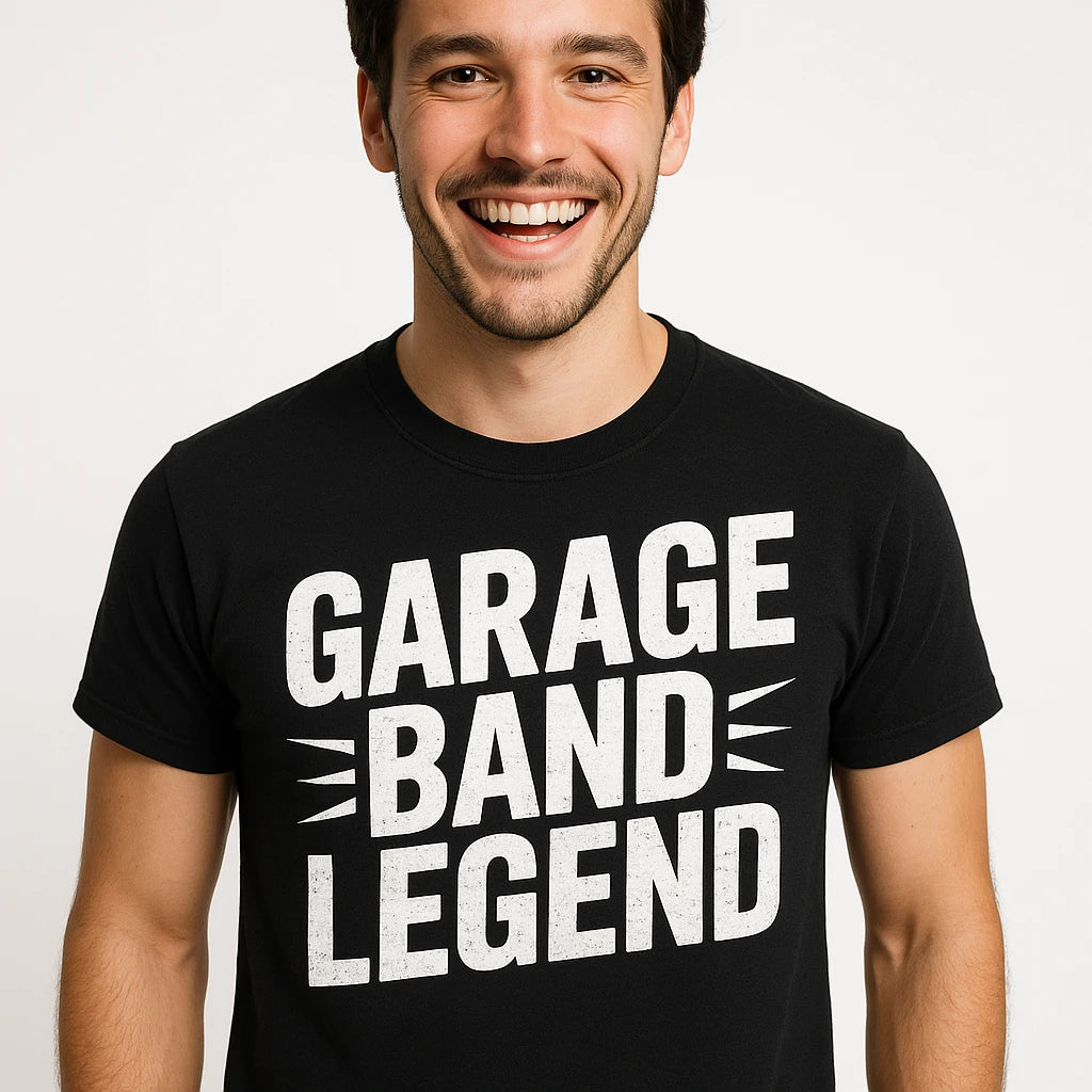 Close-up of the "Garage Band Legend" white print on a premium Bella+Canvas black rock music shirts
