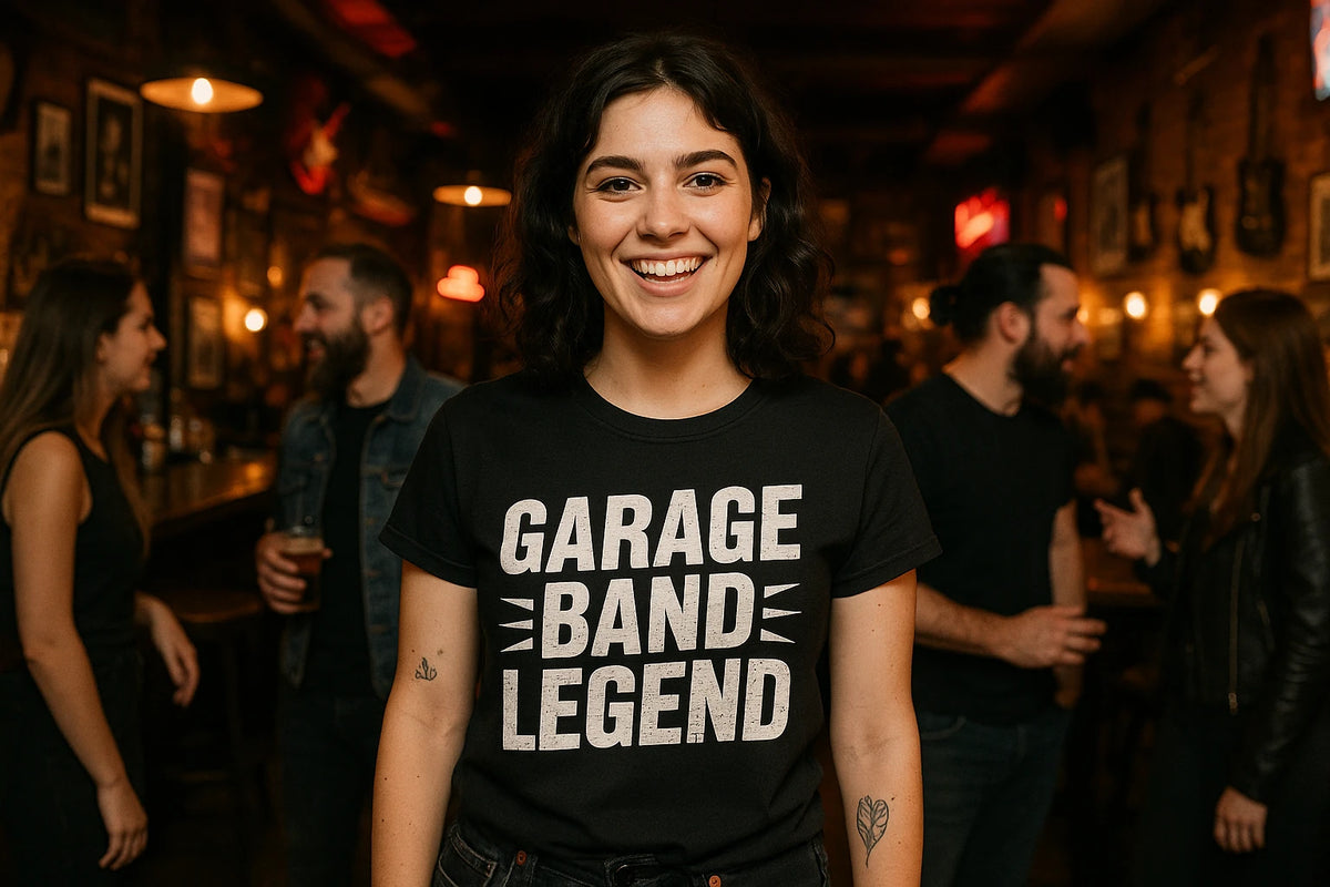 Lifestyle shot of the "Garage Band Legend" black rock music shirts in a real-world setting