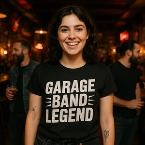 Lifestyle shot of the "Garage Band Legend" black rock music shirts in a real-world setting