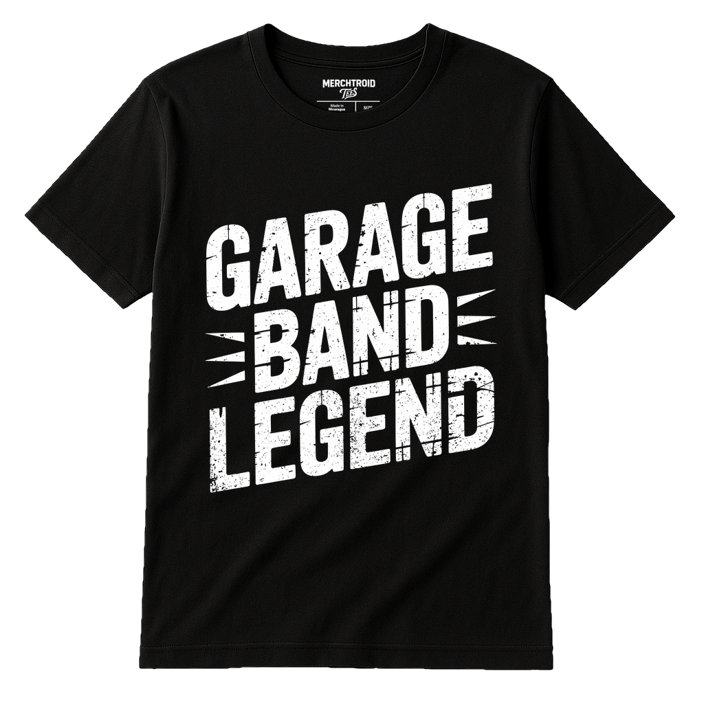 Black Rock Music Shirts - "Garage Band Legend" graphic tee with white print, flat lay product photo