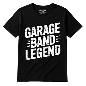 Black Rock Music Shirts - "Garage Band Legend" graphic tee with white print, flat lay product photo