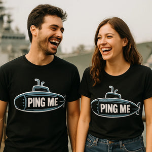 Person wearing the black submarine shirts graphic tee - "Ping Me" design