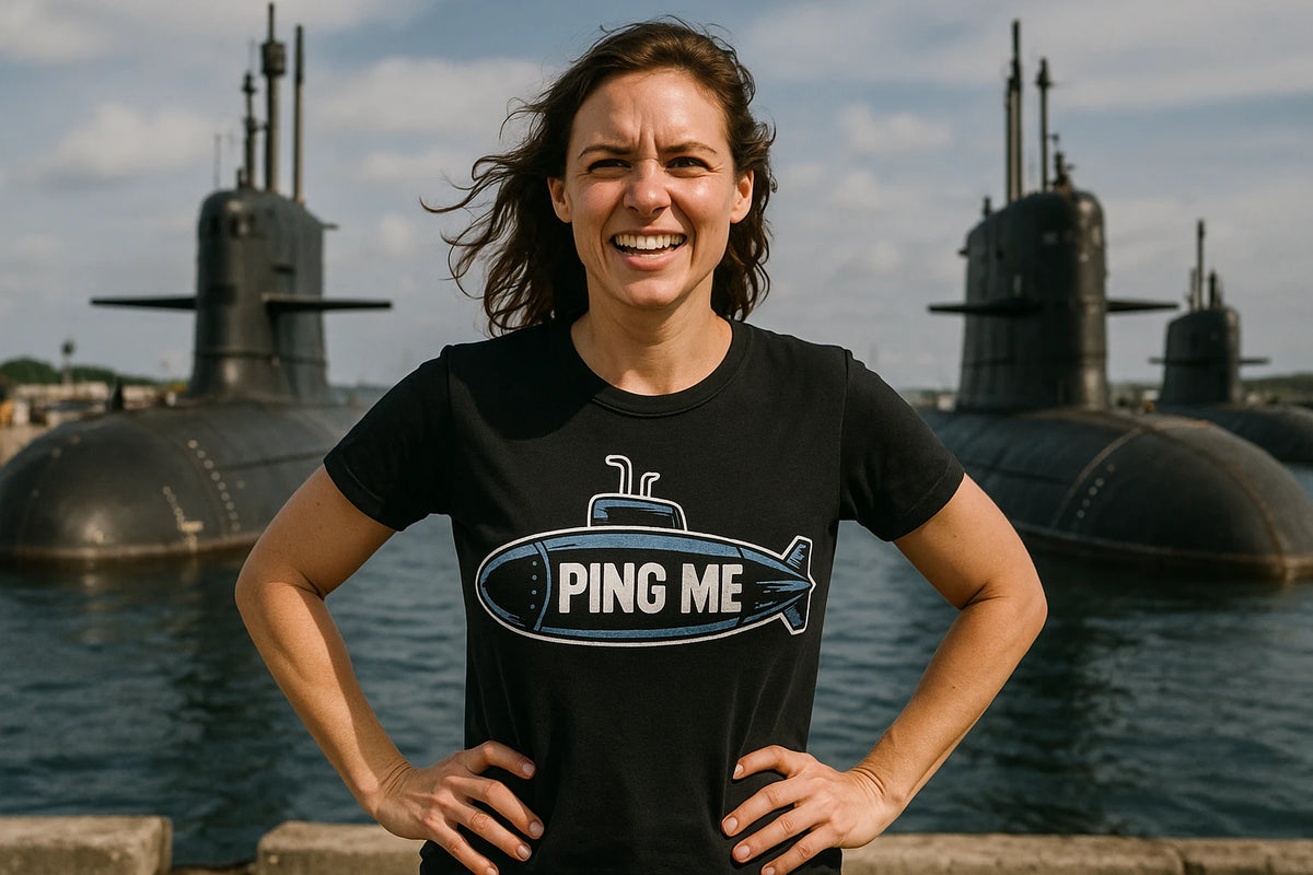 Lifestyle shot of the "Ping Me" black submarine shirts in a real-world setting