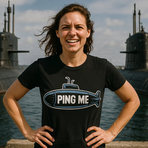Lifestyle shot of the "Ping Me" black submarine shirts in a real-world setting