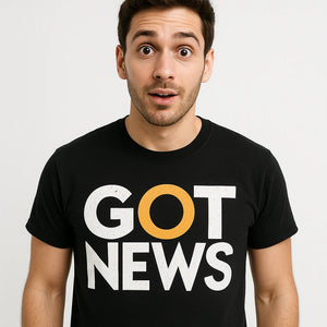 Close-up of the "Got News" white print on a premium Bella+Canvas black journalist t shirt