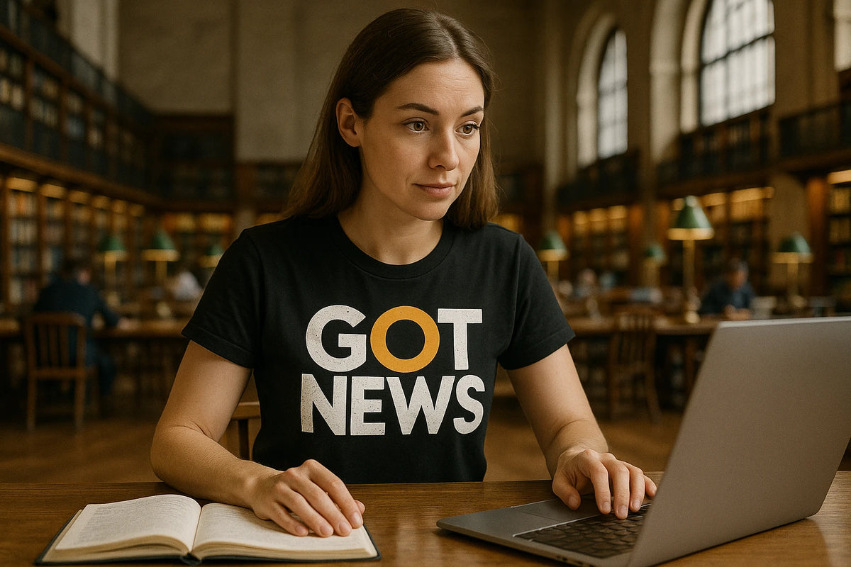 Lifestyle shot of the "Got News" black journalist t shirt in a real-world setting
