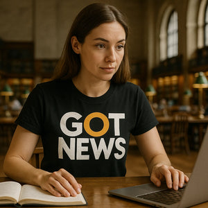 Lifestyle shot of the "Got News" black journalist t shirt in a real-world setting