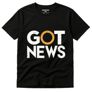 Black Journalist T Shirt - "Got News" graphic tee with white print, flat lay product photo