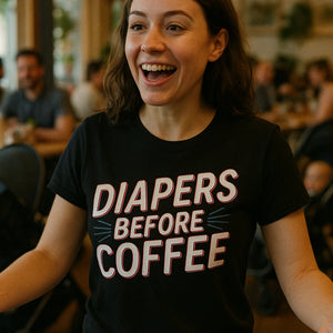"Diapers Before Coffee" black new parents t shirt - a birthday gift for new parents lover