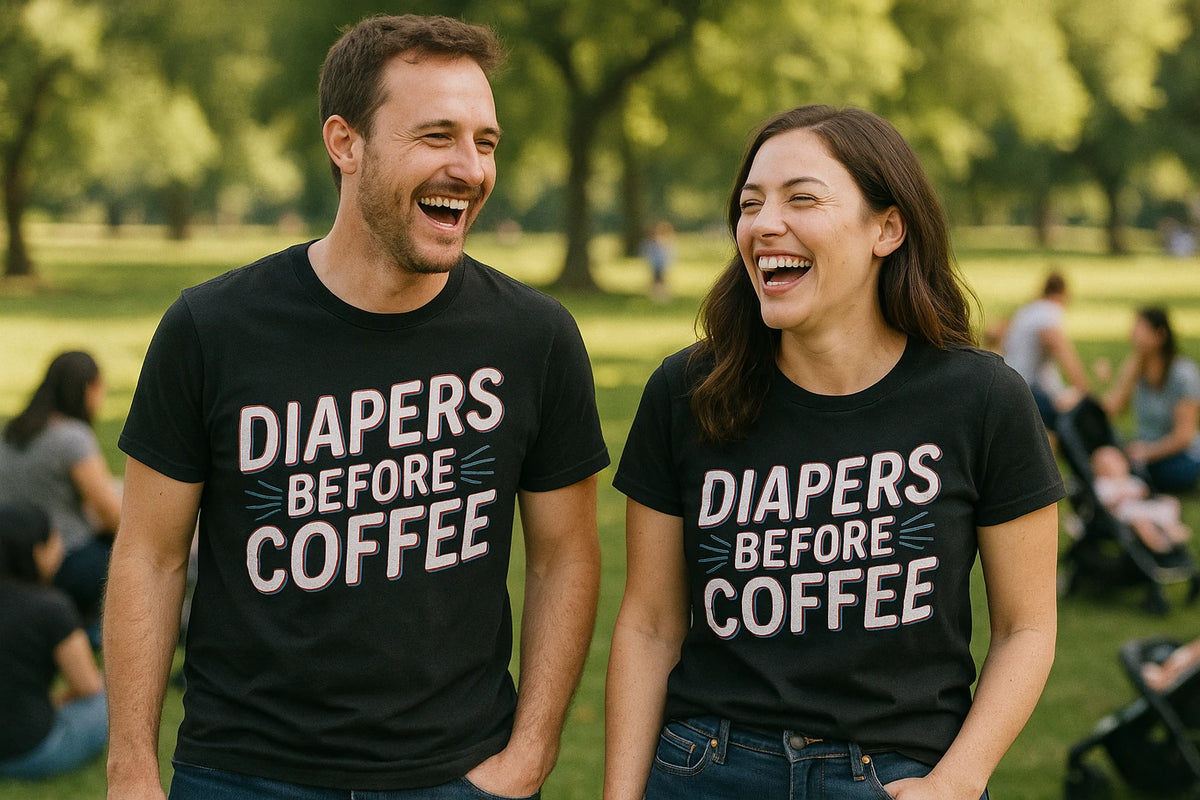 Person wearing the black new parents t shirt graphic tee - "Diapers Before Coffee" design