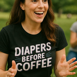 "Diapers Before Coffee" black new parents t shirt, photographed as new parents lover gift