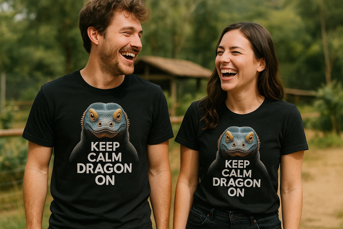 Person wearing the black komodo dragon t shirt graphic tee - "Keep Calm, Dragon On" design