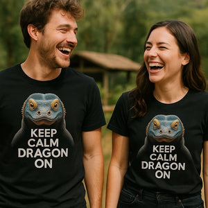 Person wearing the black komodo dragon t shirt graphic tee - "Keep Calm, Dragon On" design