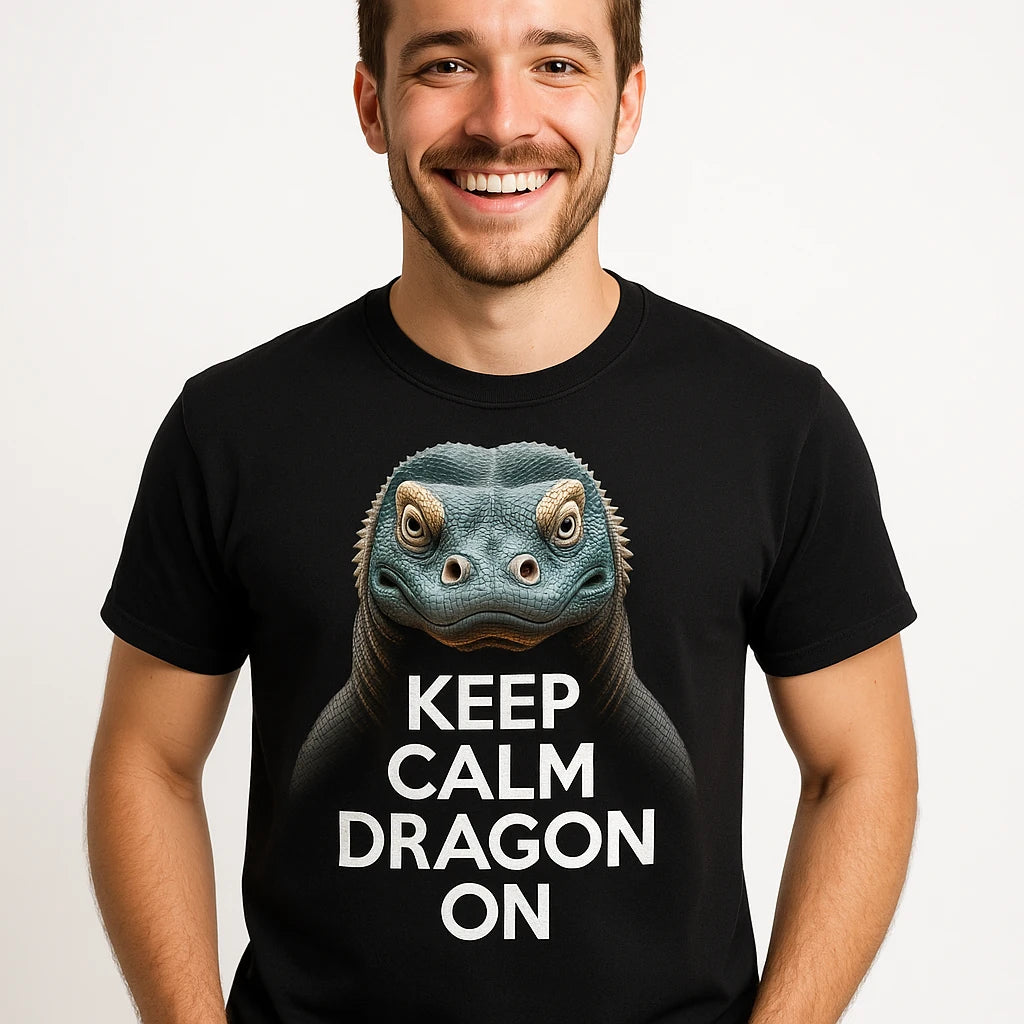 Close-up of the "Keep Calm, Dragon On" cream print on a premium Bella+Canvas black komodo dragon t shirt