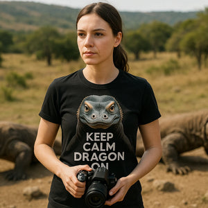 Lifestyle shot of the "Keep Calm, Dragon On" black komodo dragon t shirt in a real-world setting