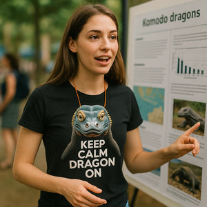 "Keep Calm, Dragon On" black komodo dragon t shirt, photographed as komodo dragon lover gift