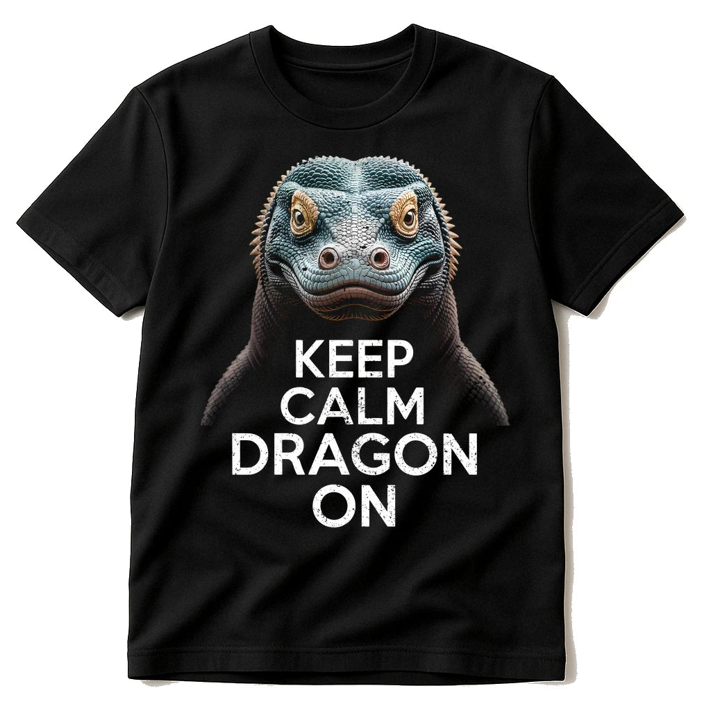 Black Komodo Dragon T Shirt - "Keep Calm, Dragon On" graphic tee with cream print, flat lay product photo