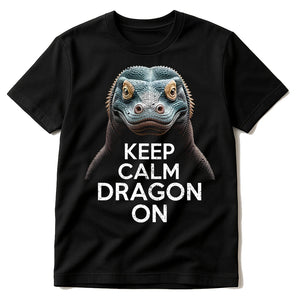 Black Komodo Dragon T Shirt - "Keep Calm, Dragon On" graphic tee with cream print, flat lay product photo